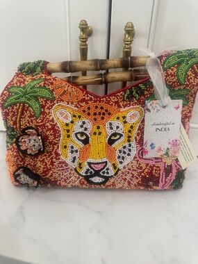 Made in India viral Beaded Leopard Jaguar Bamboo Handle bag